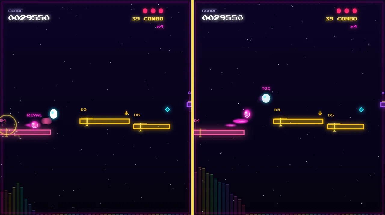 A duel seen from both sides: each player sees their own ball and, faintly, their opponent's