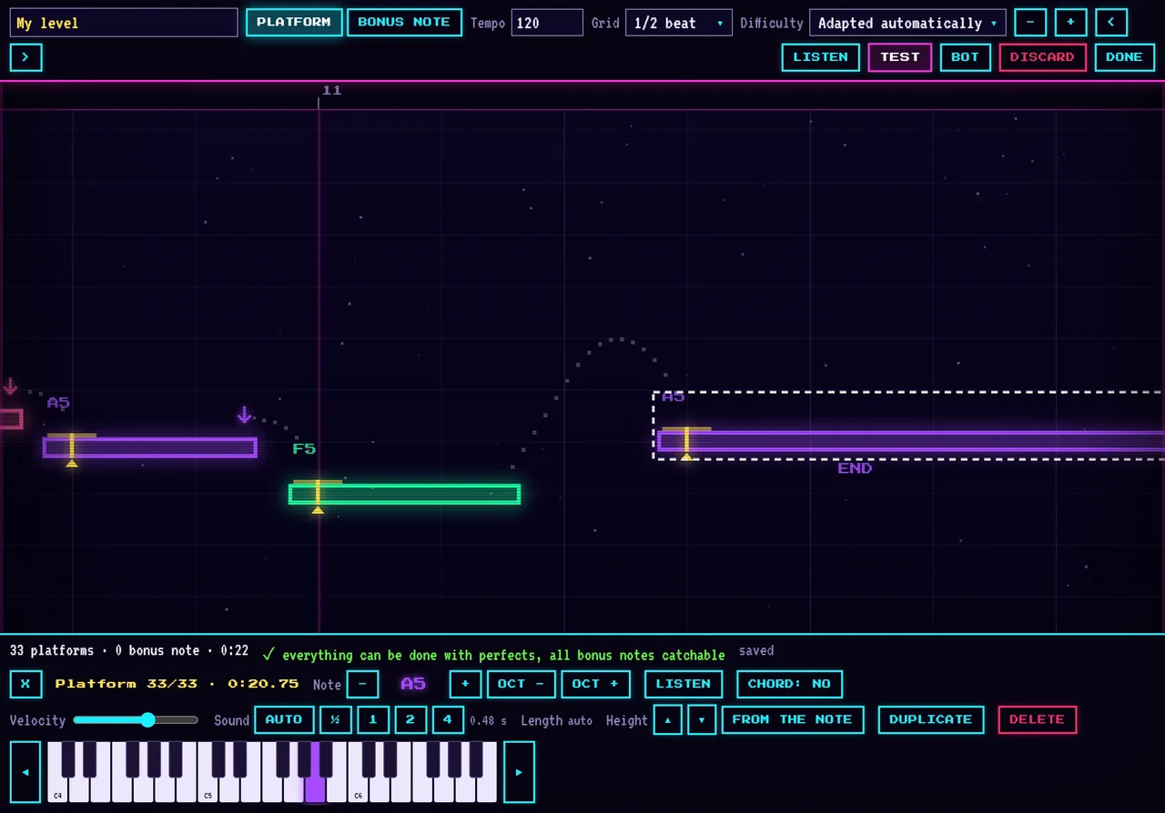 The level editor: a grid, coloured platforms and the keyboard used to choose the note of the selected platform