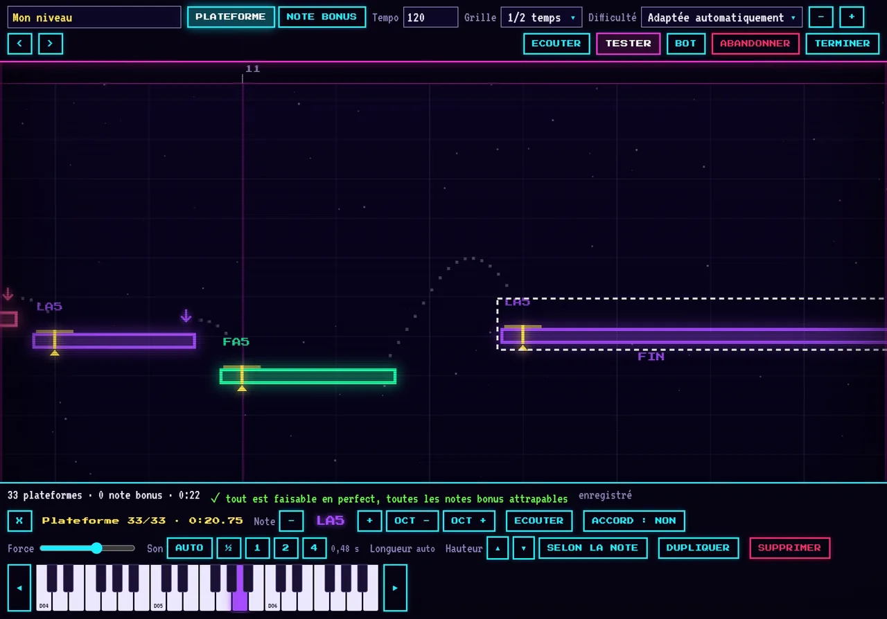 L'éditeur de niveaux : une grille, des plateformes colorées et le clavier pour choisir la note de la plateforme sélectionnée